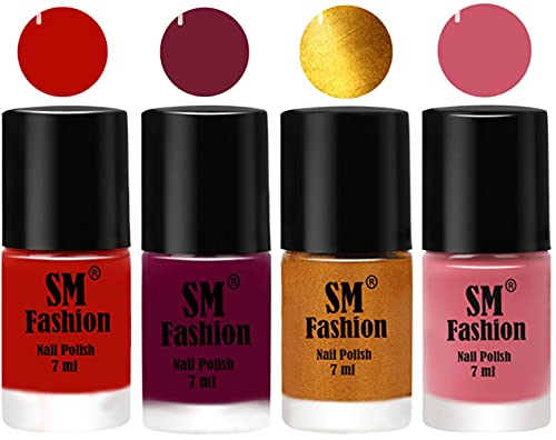 Image of Nail Polish Combo Set (Pack of 4) Quick Dry Gel Finish Nail Paint | Red Orange,Mulberry,Golden,Nude Pink | 7 ml Each