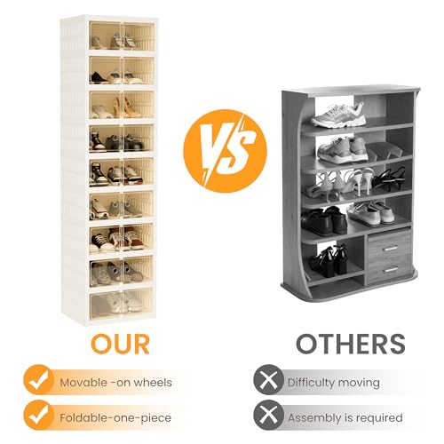 Image of Foldable Shoe Organizer Storage Box Set of 2, Portable Extra Large Folding Shoe Rack for Closet, Shoe Storage Box with Magnetic Transparent Door and Wheels, 9 Layers 18 Grids