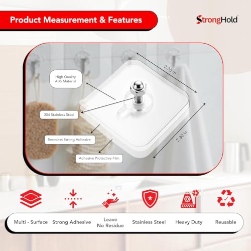Image of StrongHold Self Adhesive Screw Hooks for Wall Without Drilling - 10 Pcs Heavy Duty Transparent Wall Hanging Hooks, Nail Free Stainless Steel Hooks for Frames & Wall Decor