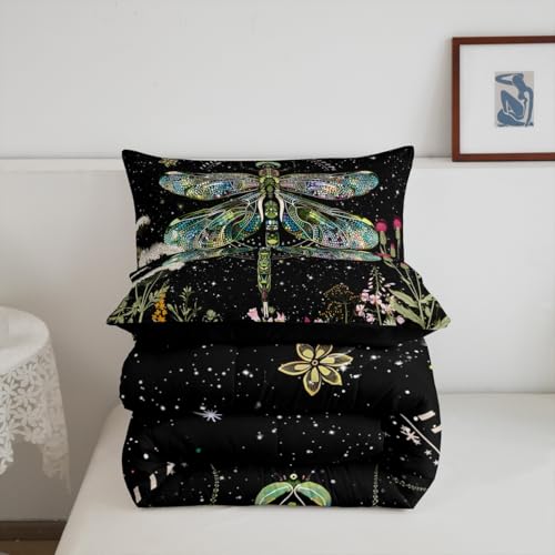 Image of Wildflower Dragonfly Bedding Set Inner Fill for Boys Girl Twin,Moon Phase Botanical BKids Comforter Vintage Plant Nature Blossom Leaf Floral Garden Herbs Leaves Comforter Set,Bohemian Quilt Set Decor