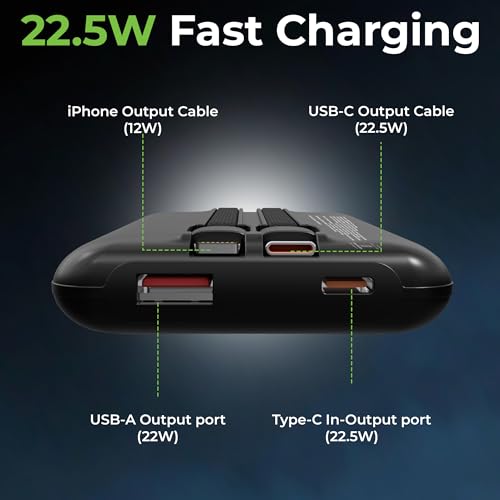 Image of UltraProlink Power Bank 10000mah Fast Charging|16.8mm Slim|22.5W QC-PD-PPS Fast Charging Battery Bank|with USB-C & iPhone Cable|Digital Display|Power Bank for Tablets & Smartphones| Black |UM1127