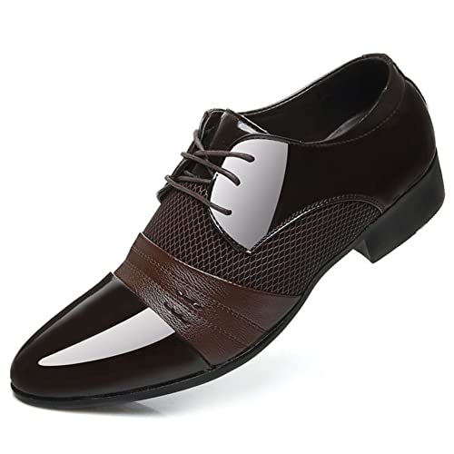 Formal Shoes for Men Lace Up Round Toe Shiny Leather Anti-Slip Rubber Sole Slip Resistant Block Heel Party(Brown,10 M US)
