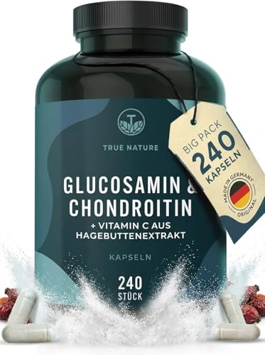 Glucosamin Chondroitin hochdosiert - 240 Kapseln mit 2600mg Glucosamin & Chondroitin pro Tag - mit Vitamin C (trägt zur normalen Kollagenbildung bei) - Pharmazeutische Qualität - TRUE NATURE