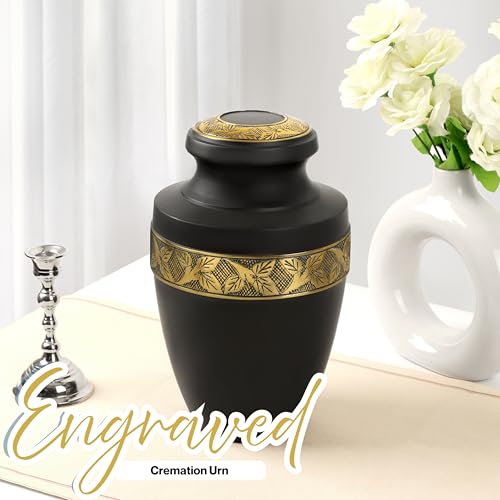 Image of Cremation Urns for Human Ashes Adult - Handcrafted Aluminum Memorial Urn with Gold Leaf Engraving & Velvet Carry Bag, Decorative Funeral Burial Urn with Secure Screw Lid, (Black & Gold)