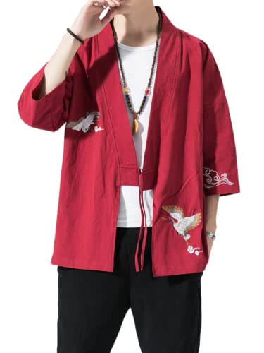 Image of Men's Japanese Kimono Cardigan Loose Cotton Linen 3 /4 Sleeve Open Front Casual Summer Shirt Jackets