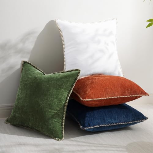 Image of decorUhome Fall Chenille Soft Cozy Throw Pillow Covers 12x12 Set of 2, Modern Farmhouse Boho Velvet Decorative Pillow Cases with Stitched Edge for Couch Sofa Bed Home Decor, Forest Green