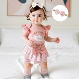 DNOMAID YZARC Newborn Baby Girl Western Outfit My First Rodeo Short Sleeve Ruffle Romper Skirt Headband Set Summer Clothes (Pink, 6-12 Months)