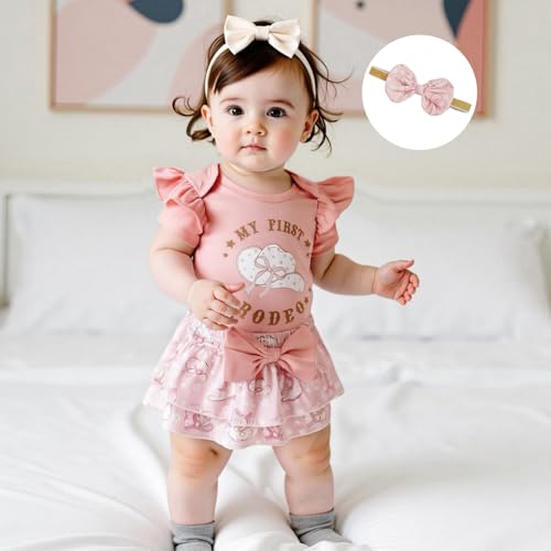 DNOMAID YZARC Newborn Baby Girl Western Outfit My First Rodeo Short Sleeve Ruffle Romper Skirt Headband Set Summer Clothes (Pink, 6-12 Months)