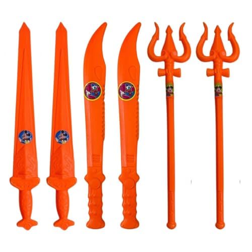 VIDHYAPATI ENTERPRISES Plastic Toys for Kids | 2 Shiv Trishul, 2 Talwar/Sword & 2 Khanjar/Dagger | Weapon Role Play Action Figure Toys | Orange Color | Height - 52 Cm | 6 Pcs Super Combo | Age 2+