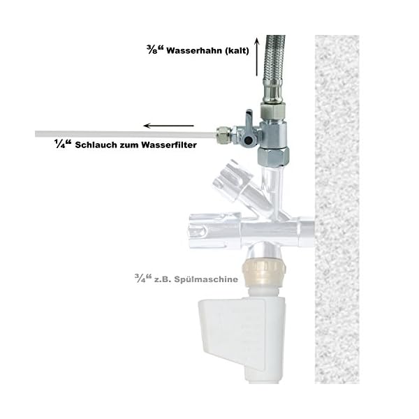 T-Stück 3/8x3/8x1/4" Schlauch Wasseranschluß m. Absperrhahn Adapter zum Anschluss von 2 Geräten – Bild 4