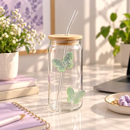 Image of 400ml Sipper Drinking Jar with Bamboo Lid & Glass Straw, Butterfly Printed Mason Jar Cup, Leakproof Reusable Smoothie & Juice Tumbler, Beverage Glass for Home & Office (Pack of 1 Green)