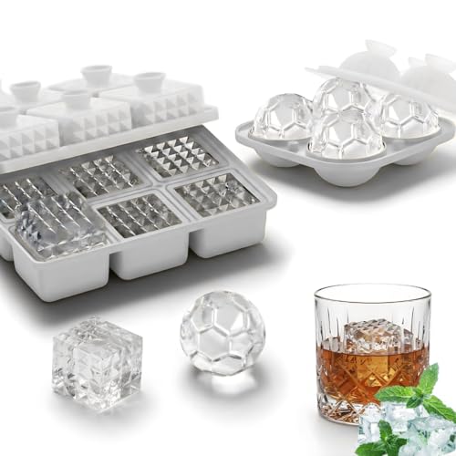 Image of Premium Combo of Large 3D Crystal Square Ice Cube Tray & Football Shaped Silicone Molds for Chilling Drinks, Chocolates, Juice, Jelly and Many More. Pack of 2 (Gray)