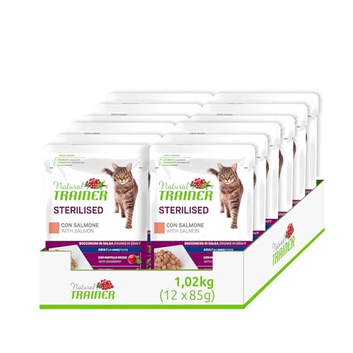 Natural Trainer Sterilised Cibo Umido per Gatti Adulti con Salmone, 12 Buste x 85 gr, 1020 gr