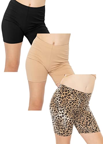 STRETCH IS COMFORT Girl's Cotton Biker Shorts 3 Pack Black|Beige|Brown Cheetah X-Large