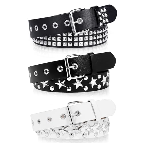3 Pcs Black Studded Belt, Y2K Belt Star Goth EMO Punk Rock with Bright Pyramid Studded for Women Men (Studded Star)