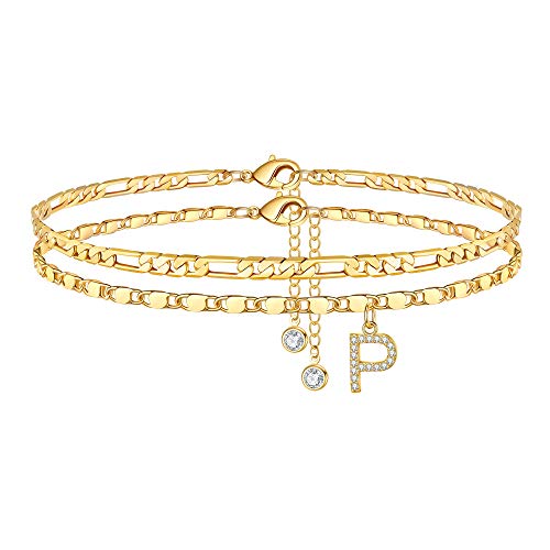 Image of Ursteel Ankle Bracelets for Women, 14K-Gold-Plated Dainty Layered Chain CZ Initial Anklets Set Summer Jewelry Gifts for Women