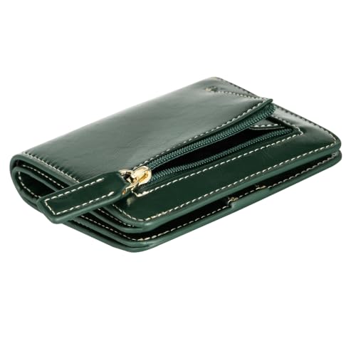 Image of Itslife Women's RFID Blocking Small Compact Bifold Waxed Leather Pocket Wallet Ladies Mini Purse with ID Window (Dark Green)