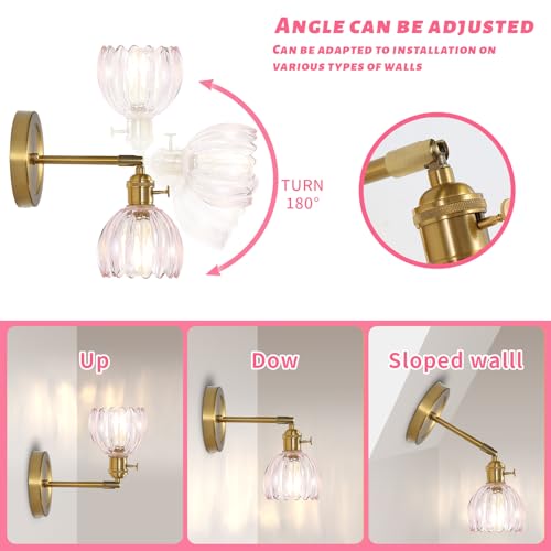 Image of 5 inch Vintage Wall Sconces with Pink Tulip Glass Lampshade 180 Adjustable Brass Sconce Hradwired Modern Wall Lighting Fixture for Bedside Bedroom Reading Nook