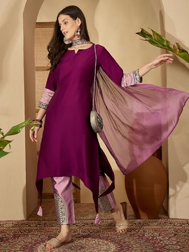 Image of EthnicJunction Women's Cotton Silk Embroidered Asymmetric Kurta Pant with Choker Dupatta Set | Wedding Outfit | Heavy | Kurta Set | Ethnic Set