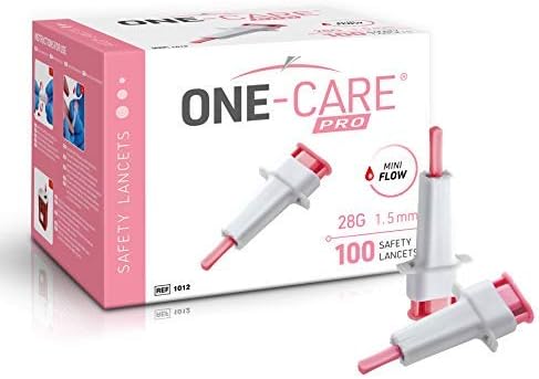 MediVena ONE-CARE PRO Safety Lancets, Top Push Button Activated, 28G x 1.5mm, 100/bx, Sterile, Gentle & Comfortable Sampling