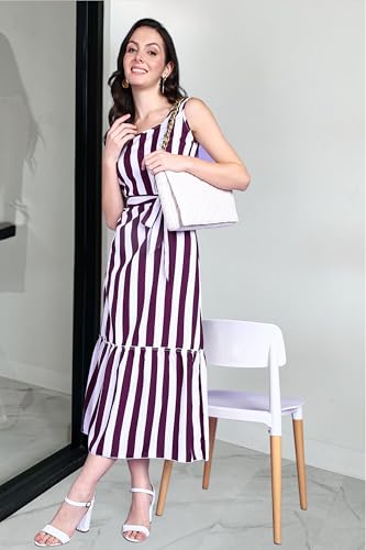 Image of POPWINGS Women Casual Blue & White Stripe Long Belt Dress Dress | Stylish Dress | Trendy Dress