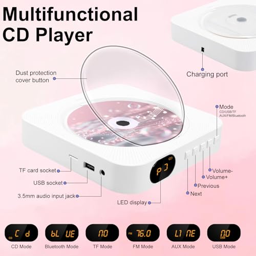 Odtwarzacz CD z Radio Boombox - Canareen Upgrade Odtwarzacz CD Bluetooth z osłoną przeciwpyłową i ekranem LED | Gniazdo AUX 3,5 mm z pilotem Domowe audio Radio FM USB MP3 odtwarzacz muzyki (Biały)