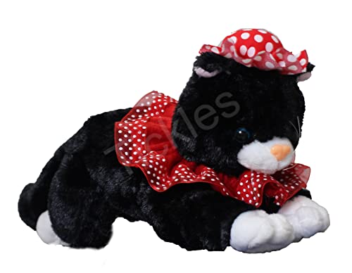 Image of Tickles Soft Stuffed Plush Animal Laying Cat Wearing Dress & Hat Toy for Kids Room (Color: Black Size: 20 cm)