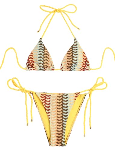 Image of ZAFUL 2 Piece Triangle Bikini for Women Knitted Rope Halter Bikini Sets Sexy Bathing Suit Side Tie Swimsuits Beachwear