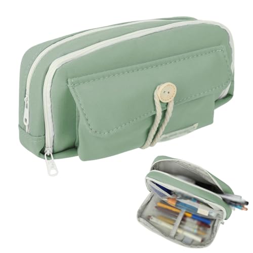 Image of Zibuyu Aesthetic Pencil Pouch for Girls & Boys Double Layer Zip-Up School Pouch, Canvas Pen Storage Organizer Fashion Stationery Pouch for Students, Office Supplies(21x11x7.5cm, Green)