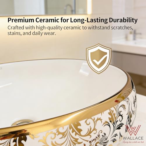 Image of Wallace Premium Countertop Wash Basin 60x40x15 cm | Oval Ceramic Table Top Sink | White Interior with Royal Gold Floral Pattern | Luxury Designer Vanity Wash Bowl