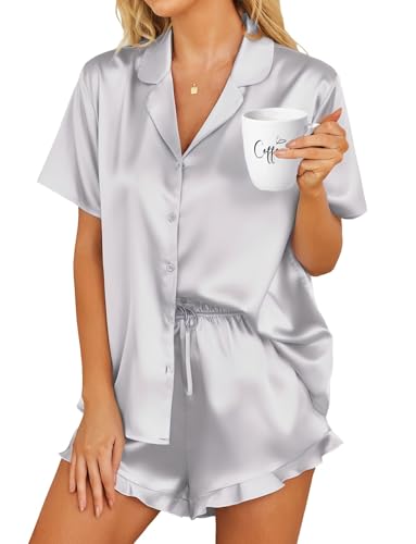 HOTOUCH Womens Satin Short Sleeve Silk Button...