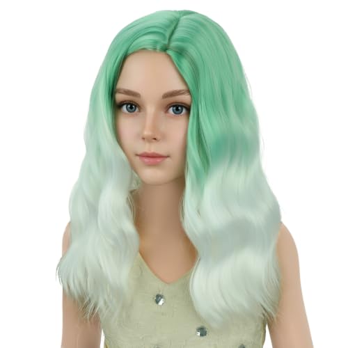 Image of PATTNIUM Girls Mint Green Ombre White Short Curly Wavy Wigs Side Part Shoulder Length Heat Resistant Synthetic Wig Halloween Cosplay Costume Party Wigs