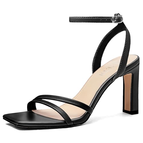 Women Sandals Square Open Toe Strappy High Heels Ankle Strap Black 9.5