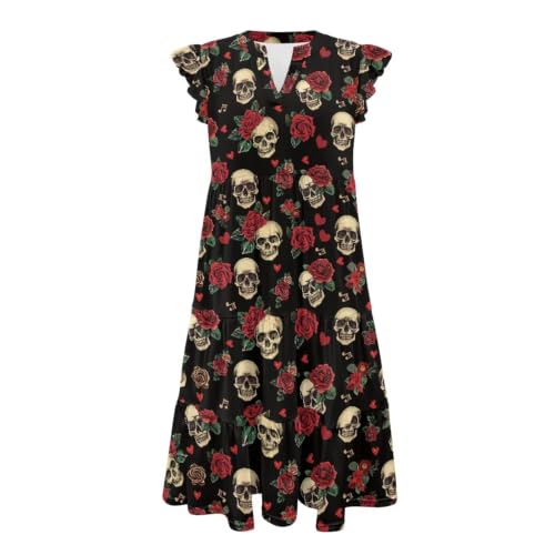 Image of Womens Summer Dress Ruffle Sleeve V Neck Dress Casual Fit Flowy Beach Vacation Sundress with Pocket S-2XL