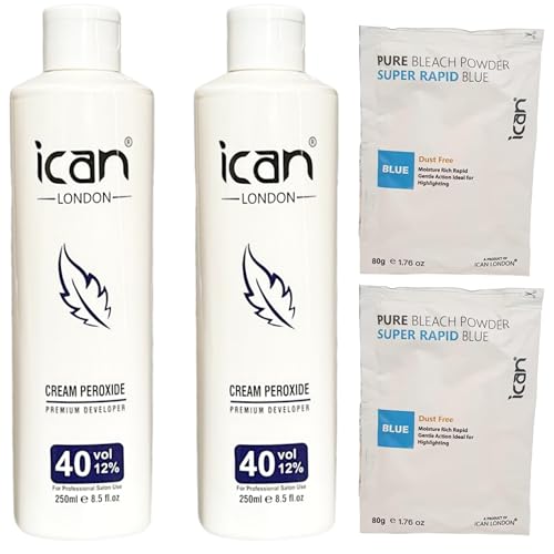 ICAN LONDON CREAM PEROXIDE 40 VOL 12% 250 ML x 2 + RAPID BLUE POWDER BLEACH 80G x 2 SET