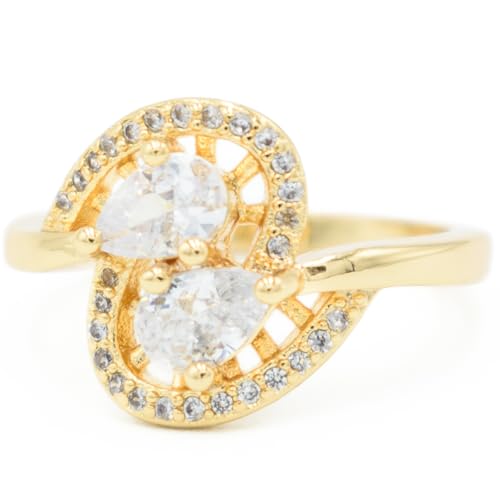 Unique Double Pear Shape Halo Engagement Anniversary Ring, 18k Yellow Gold Filled Plated