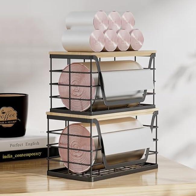 2 Pack Storage Stackable Kitchen Laundry Organizers, Wall Mount Large Trash Bag Holder with Bamboo Top, Standard Garbage Bag Dispenser, No Drill Required