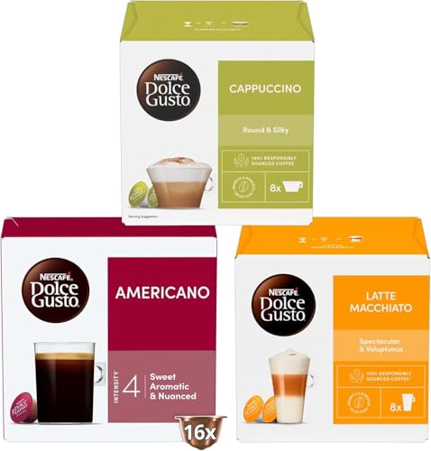 Nescafé Dolce Gusto Coffee Pods Variety Pack - Americano (16 Servings), Cappuccino (8 Servings), Latte Macchiato (8 Servings), Premium Coffee | 3 Pack - Sold by Bargain Hub