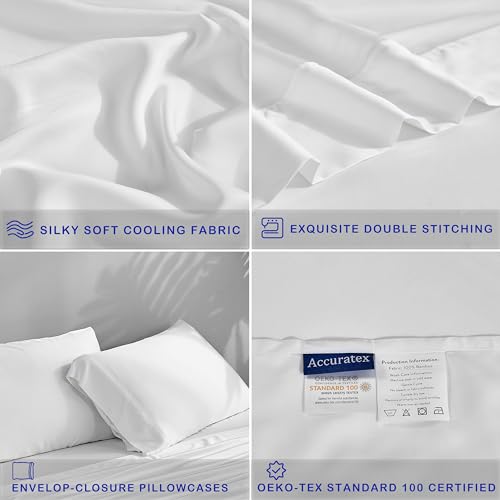 ACCURATEX Cooling Sheets California King Size - Viscose Made from Bamboo, Luxury Cool Silky Sheet Set for Cal King Size Bed, Super Soft Breathable Bed Sheets up to 16 inches Deep Pockect,White