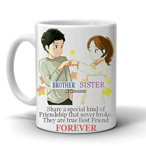 PE Arts & Crafts Brother Sister Printed White Ceramic Coffee Mug.