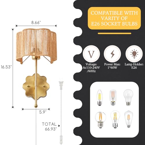 Image of Boho Rattan Wall Sconces, Plug in Cord Hand Woven Wicker Wall Light Brushed Brass Finish Flower Shade Set of 2 for Bedside,Living Room, Hallway, Fireplace