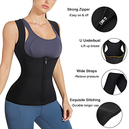 Zopeusi Sauna Suit For Women Workout Waist Trainer Vest Slim Corset Neoprene Sweat Tank Top Zipper Body Shaper Shirt… Black #TOP4