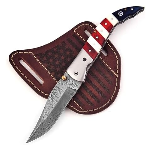 W TRADING Handmade Damascus Steel Folding Hunting Knives For Men, Pocket Knife For Camping, Survival, Skinning And Outdoor With Leather Sheath. Cover