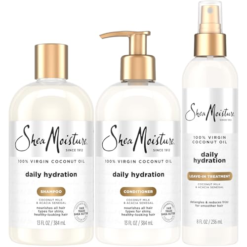 SheaMoisture Shampoo & Conditioner + Leave-in Treatment, Daily Hydration with Coconut Oil, Hair Detangler, Frizz Control, Cruelty-Free (3 Piece Set)