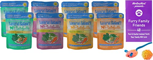 Natural Balance Platefulls Indoor Formula Cat Food 4 Flavor 8 Pouch Variety (2) Each: Turkey Salmon Chicken, Turkey Duck, Duck Chicken, Chicken & Liver (3 Oz) Plus 2 Toys And Fun Facts Booklet Bundle #TOP15