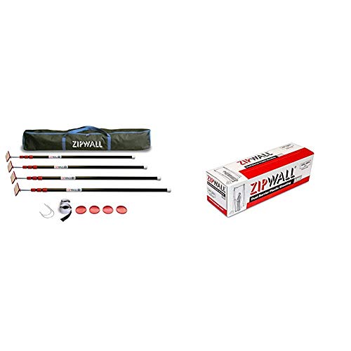 ZIPWALL ZP4 ZipPole 10 Foot Spring Barrier (Pack of 4) Loaded Poles for Dust Barriers, 4 Pack, Black & ZipWall PY50 Dust Barrier Plastic Sheeting, White 10ft x 50ft, 3 mil