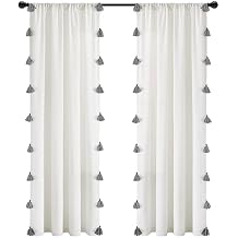 Lush Decor Boho Faux Linen Texture Tassel Window Curtain Panel Single 52" W x 84" L White & White Curtains for Bedroom - Living Room Curtains