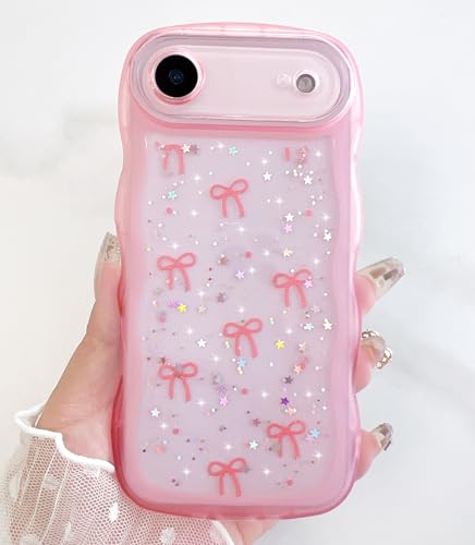 Qokey for iPhone 17 Air Case, Glitter Star & Curved Edge Handle Grip Design, Military-Grade Shockproof Transparent TPU Cover, Sparkle Protection Scratch-Resistant, Holographic Pink Bow - image 7