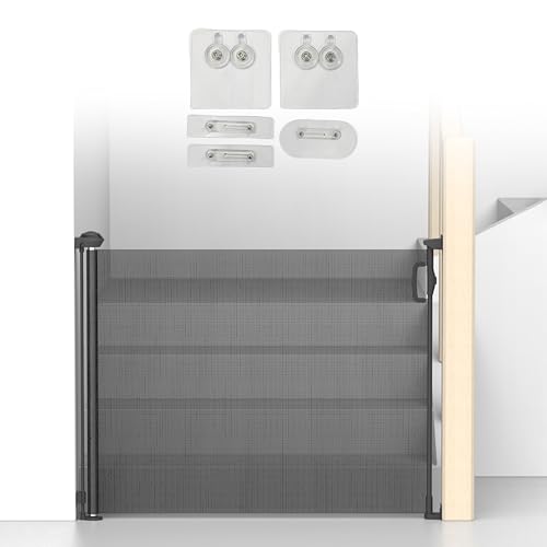 Image of Kids Station Retractable Safety Gate for Kids with Glass Mounting Stickers - Barrier Fence - for Door and Hallways - Retractable Mesh - Height 90cm or 2.9ft - Expandable to 180cm or 6ft (Black)