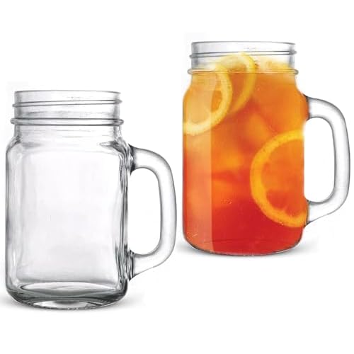 MEM WORLDSHOP 16 oz Regular Mouth Drinking Jars – (2 PACK) – Drinking Mason Jars Regular Mouth Mugs with Glass Handles